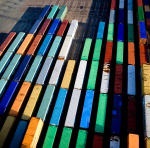 High angle view of freight trains in shunting yard